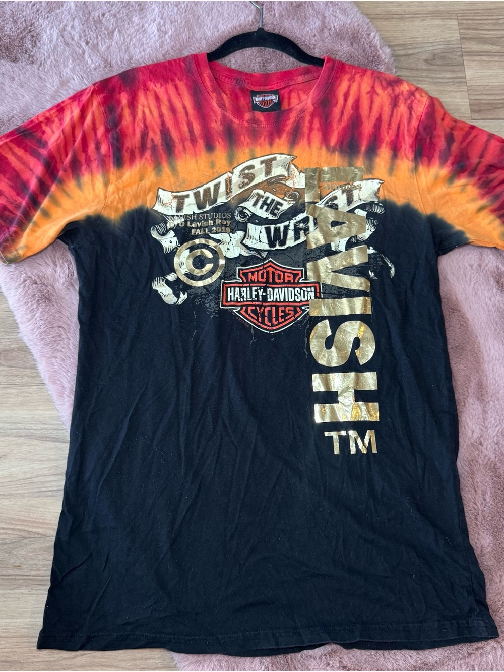 Harley-Davidson Black Tee with Red & Orange Tie-Dye Shoulders